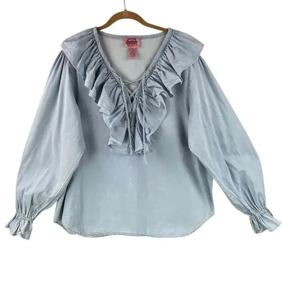 Vintage Chambray Poet Artist Blouse Size L Blue Southwest Western Country Drama - Picture 1 of 7